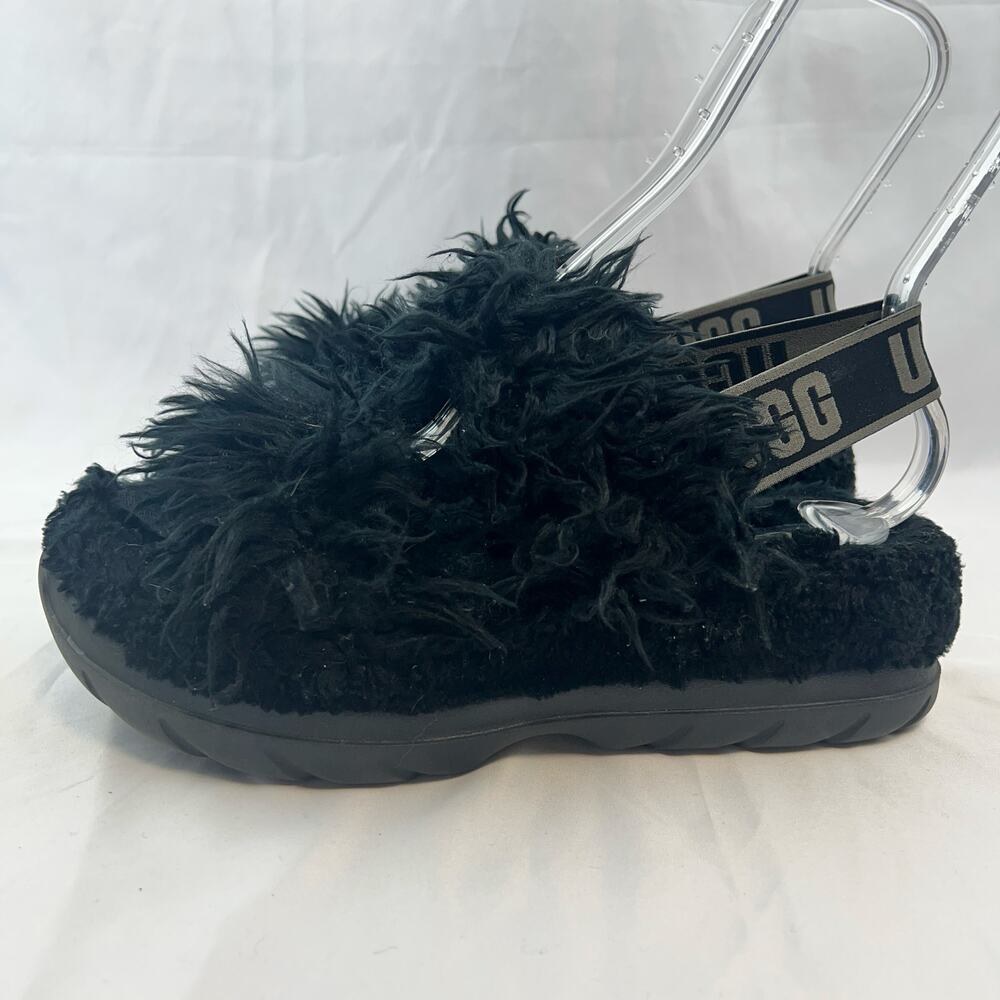UGG Fluff Yeah Slide Slippers Black Fur Strap Logo Womens 9 Cozycore Luxe Cabin